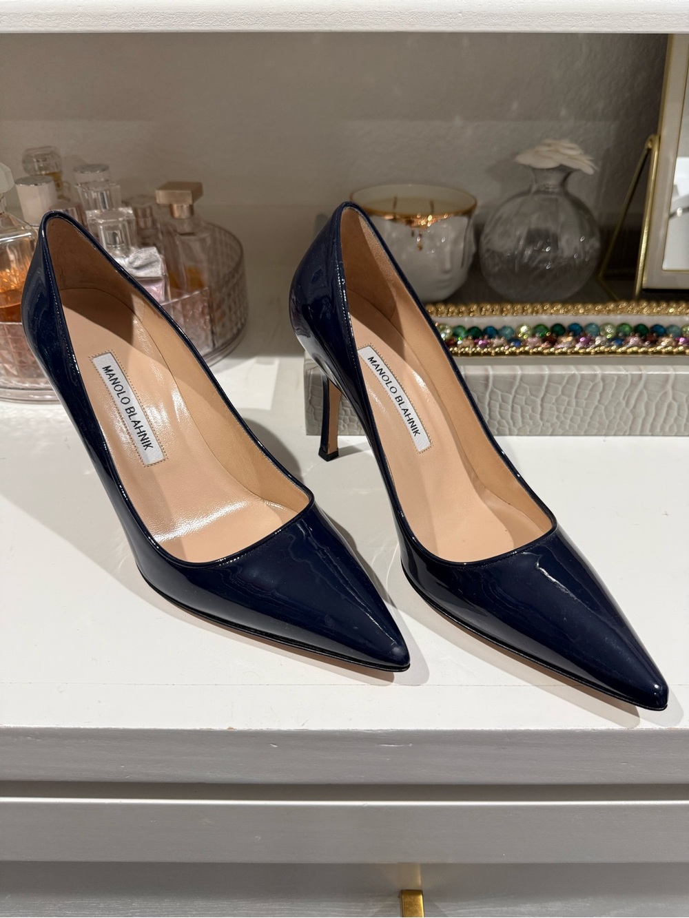 Manolo Blahnik Navy Patent Leather Pointed Toe Pumps